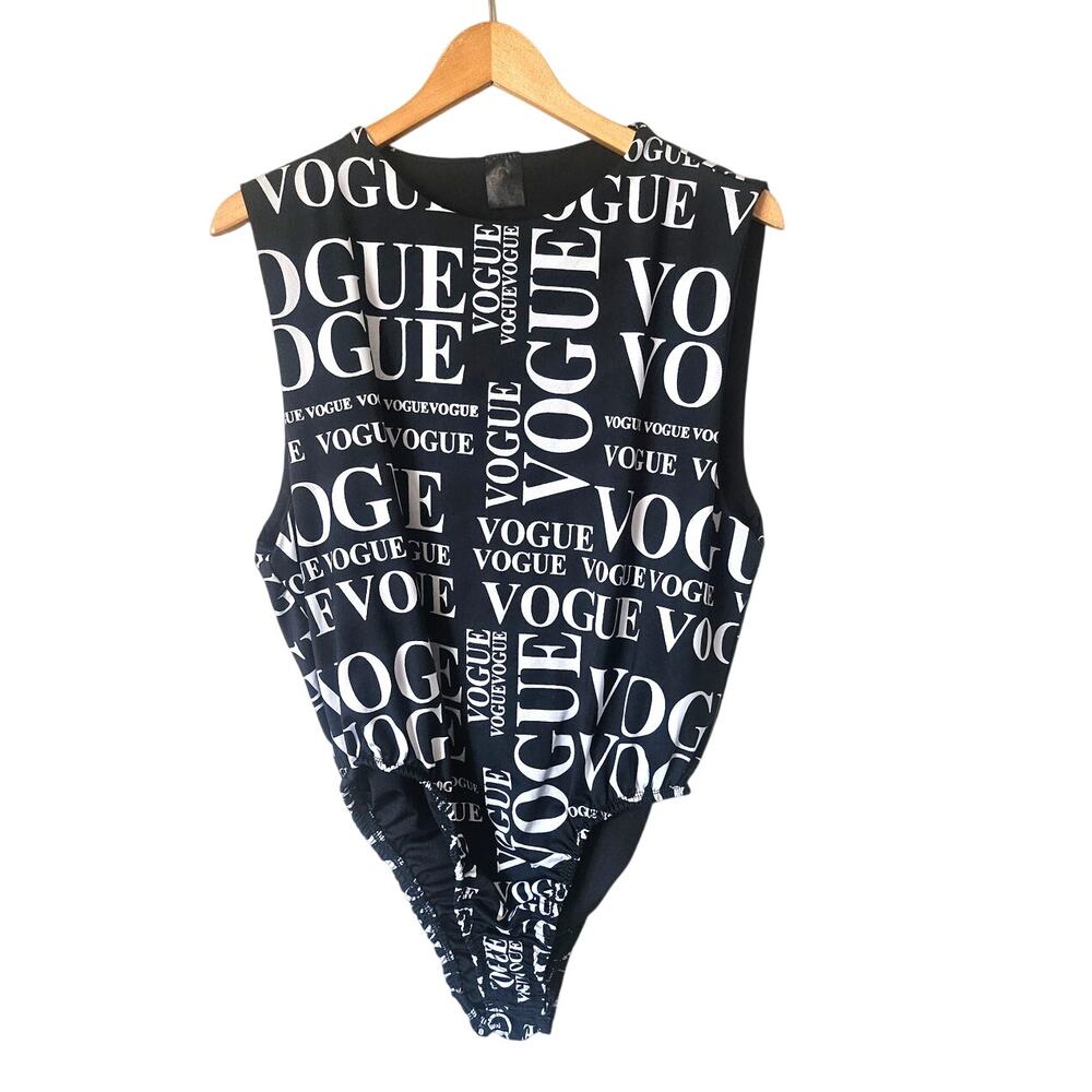 Vogue Logo Black White Sleeveless Bodysuit, Y2K Streetwear Size 1x